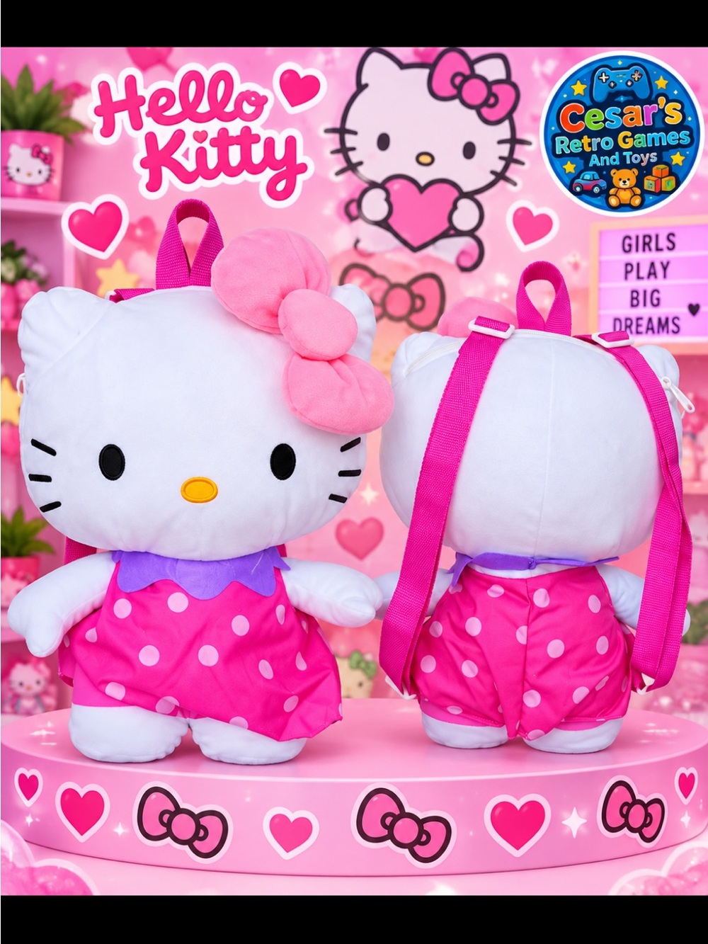 Hello Kitty Pink Polka Dot Plush Kids Backpack
